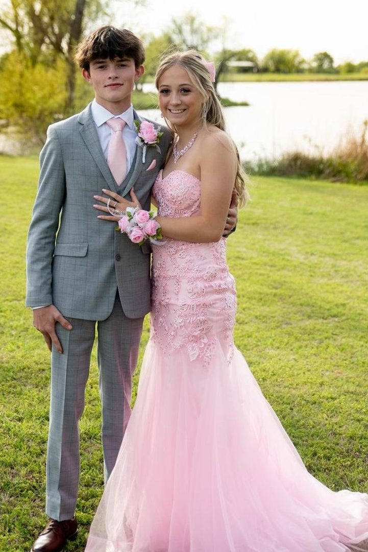 Pink Tulle A-Line Lace Appliques Sweetheart Strapless Party Prom Dress