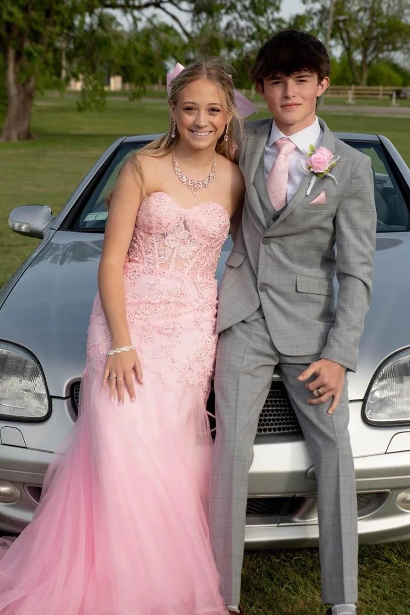 Pink Tulle A-Line Lace Appliques Sweetheart Strapless Party Prom Dress