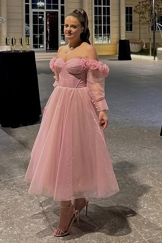 Pink Tulle A-Line Long Sleeves Empire Party Prom Dress