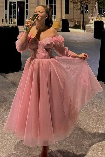 Pink Tulle A-Line Long Sleeves Empire Party Prom Dress