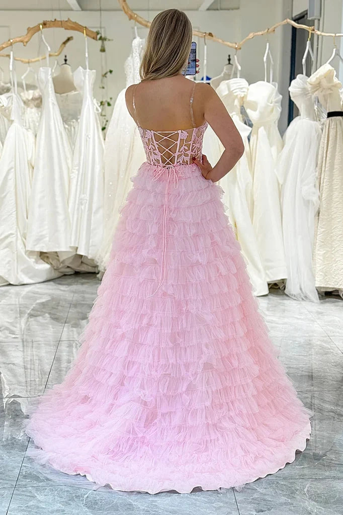 Pink Tulle A-Line Sheer Empire Sweetheart Tiered Party Prom Dress