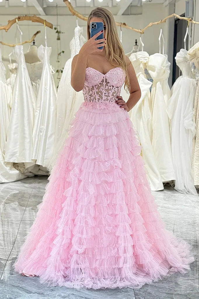 Pink Tulle A-Line Sheer Empire Sweetheart Tiered Party Prom Dress