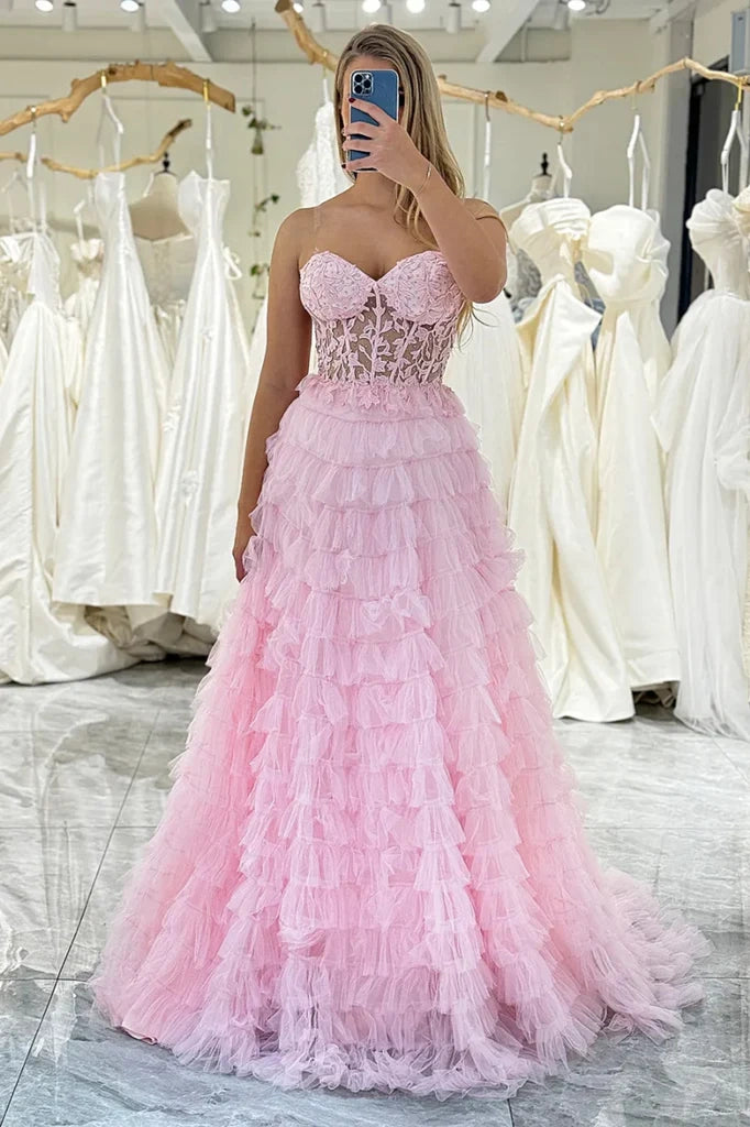 Pink Tulle A-Line Sheer Empire Sweetheart Tiered Party Prom Dress