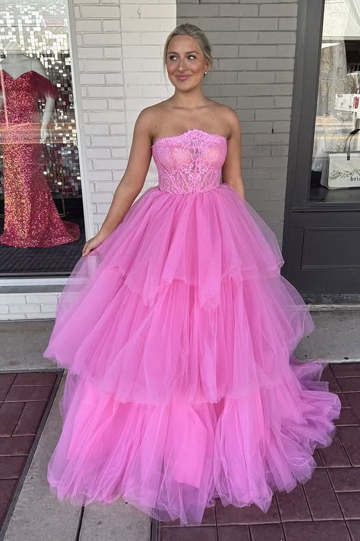 Pink Tulle A-Line Strapless Empire Tiered Party Prom Dress  Movousdress