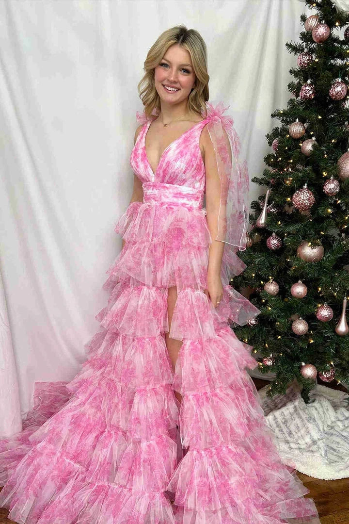 Pink Tulle A-Line V-Neck Straps Empire Tiered Party Prom Dress