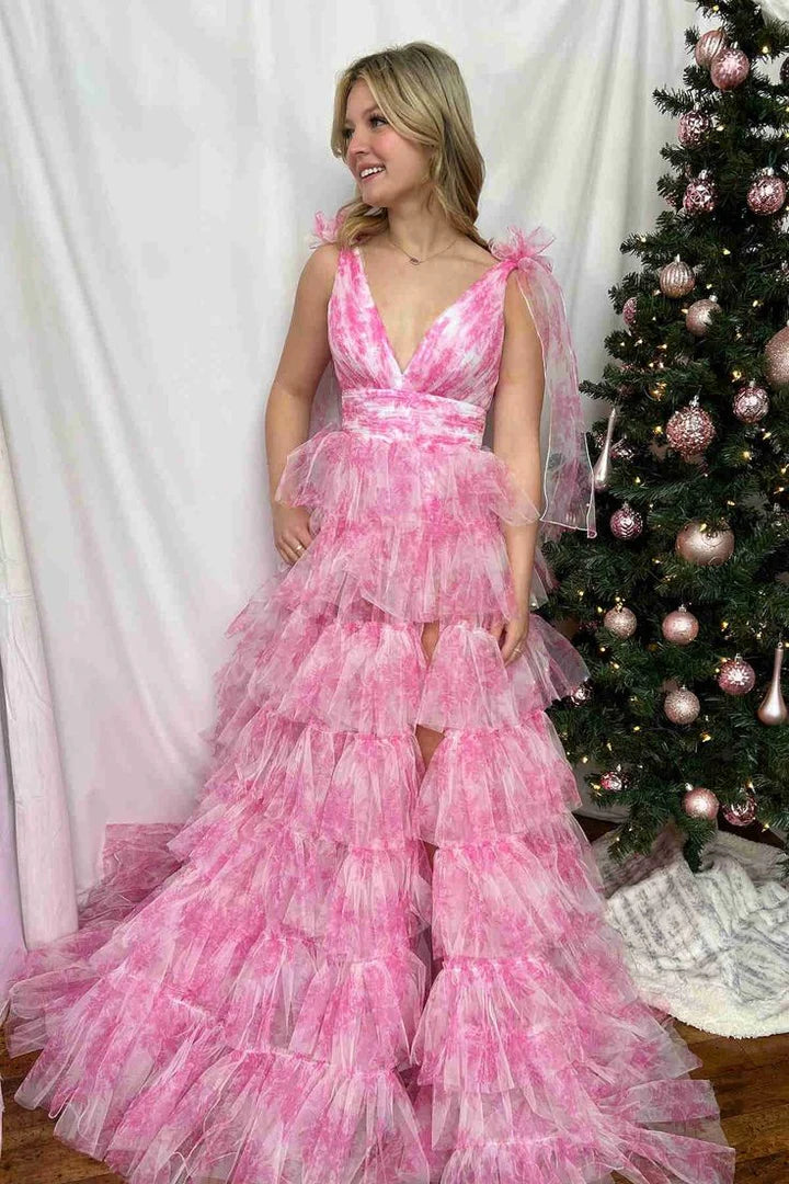 Pink Tulle A-Line V-Neck Straps Empire Tiered Party Prom Dress