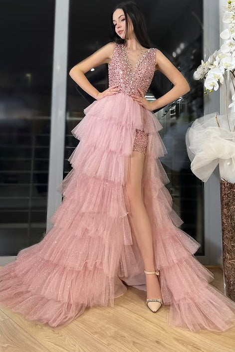Pink V-Neck Backless Two Piece Two Tone Long Party Prom Dress Movousdress Pink V-Neck Backless Two Piece Two Tone Long Party Prom Dress Movousdress