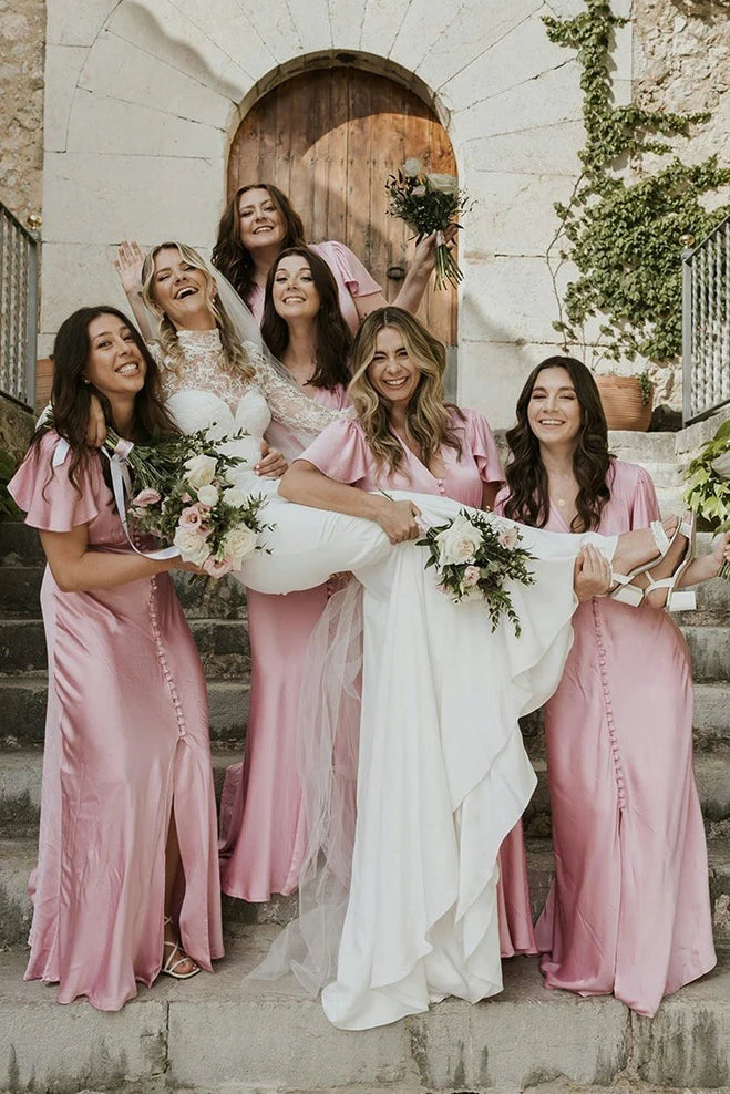 Pink V-Neck Short Sleeves Satin Long Bridesmaid Dress With Slit