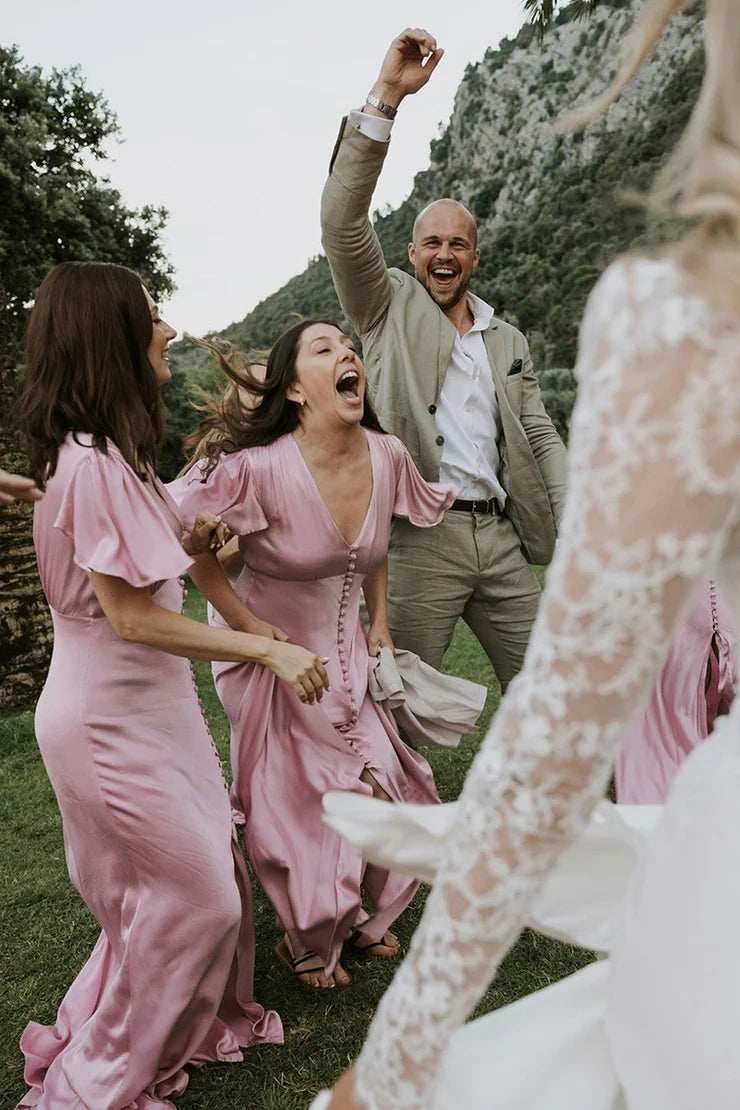 Pink V-Neck Short Sleeves Satin Long Bridesmaid Dress With Slit