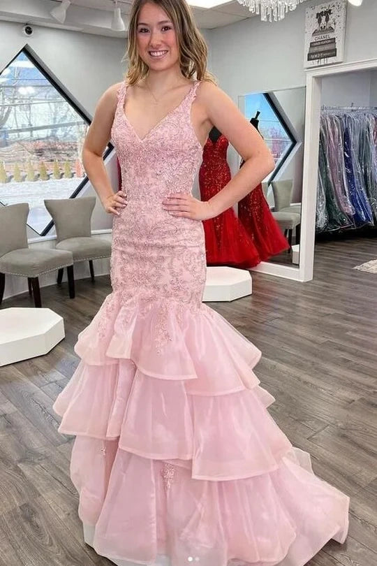 Pink V-Neck Sleeveless Mermaid Two Tone Party Prom Dress
