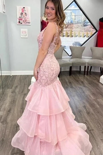 Pink V-Neck Sleeveless Mermaid Two Tone Party Prom Dress