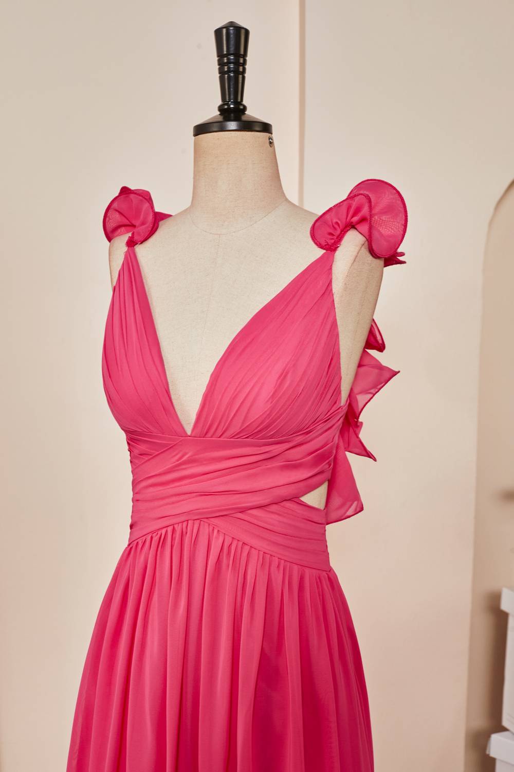 V-Neck Rose Pink Ruffled Straps Lace-Up Back Long Prom Dress