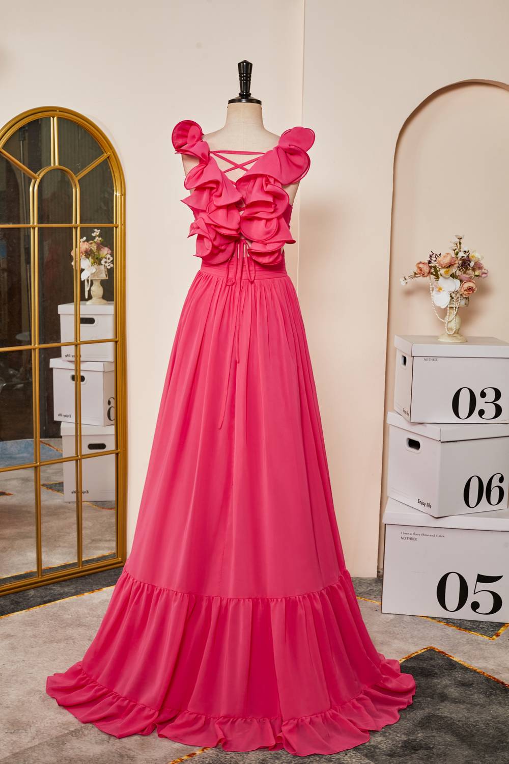 V-Neck Rose Pink Ruffled Straps Lace-Up Back Long Prom Dress