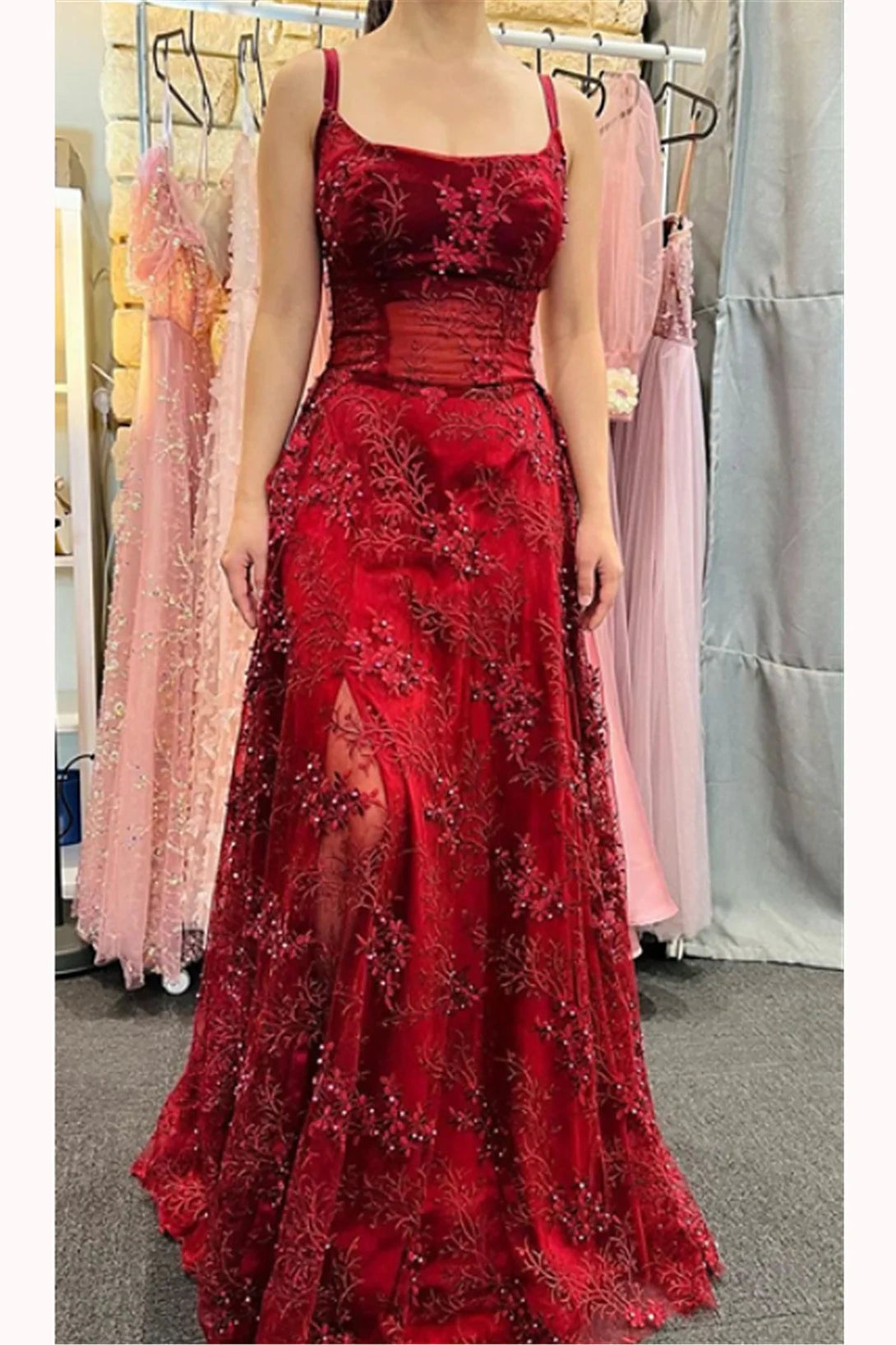 Red A-Line Square Sleeveless Beaded Empire Party Prom Dress