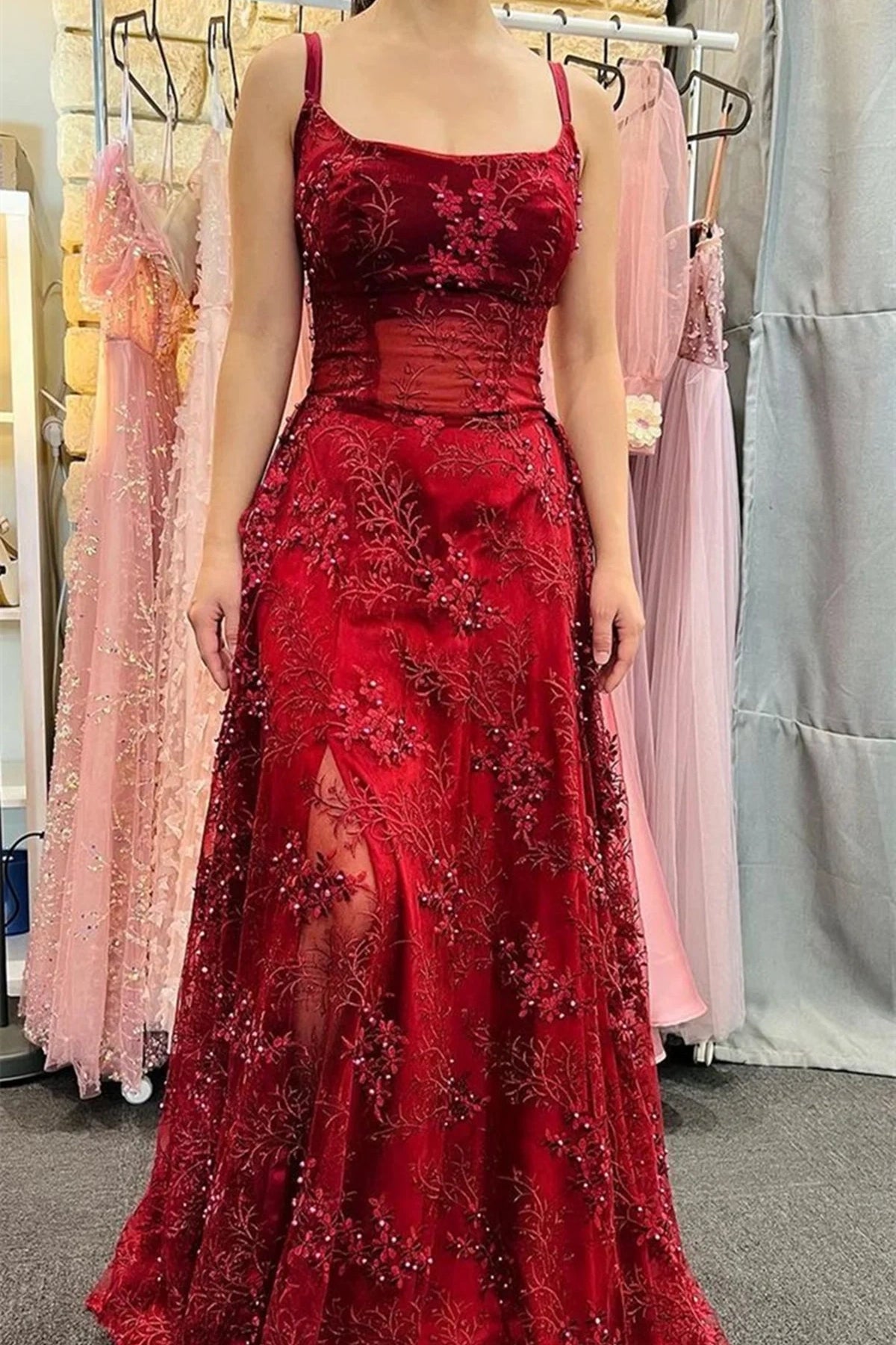 Red A-Line Square Sleeveless Beaded Empire Party Prom Dress