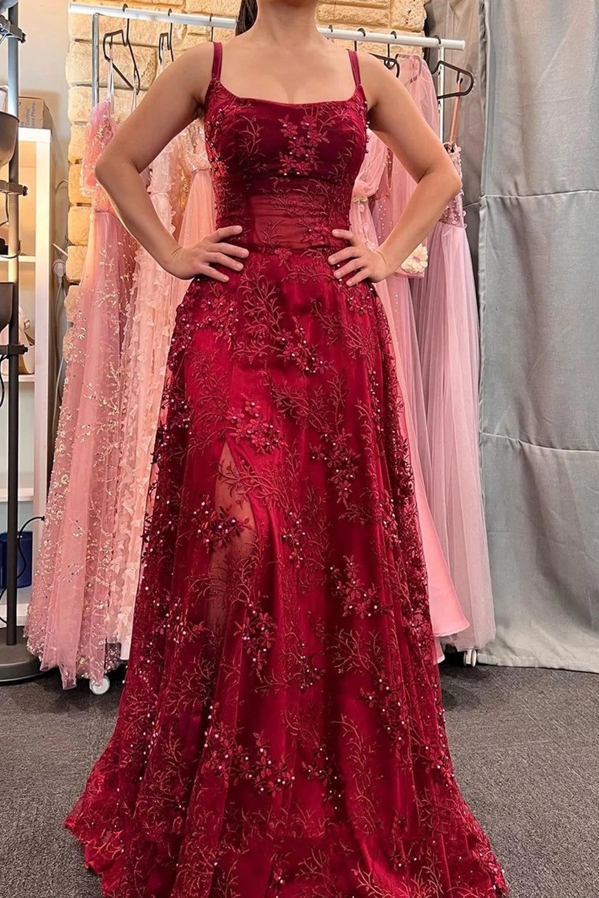Red A-Line Square Sleeveless Beaded Empire Party Prom Dress