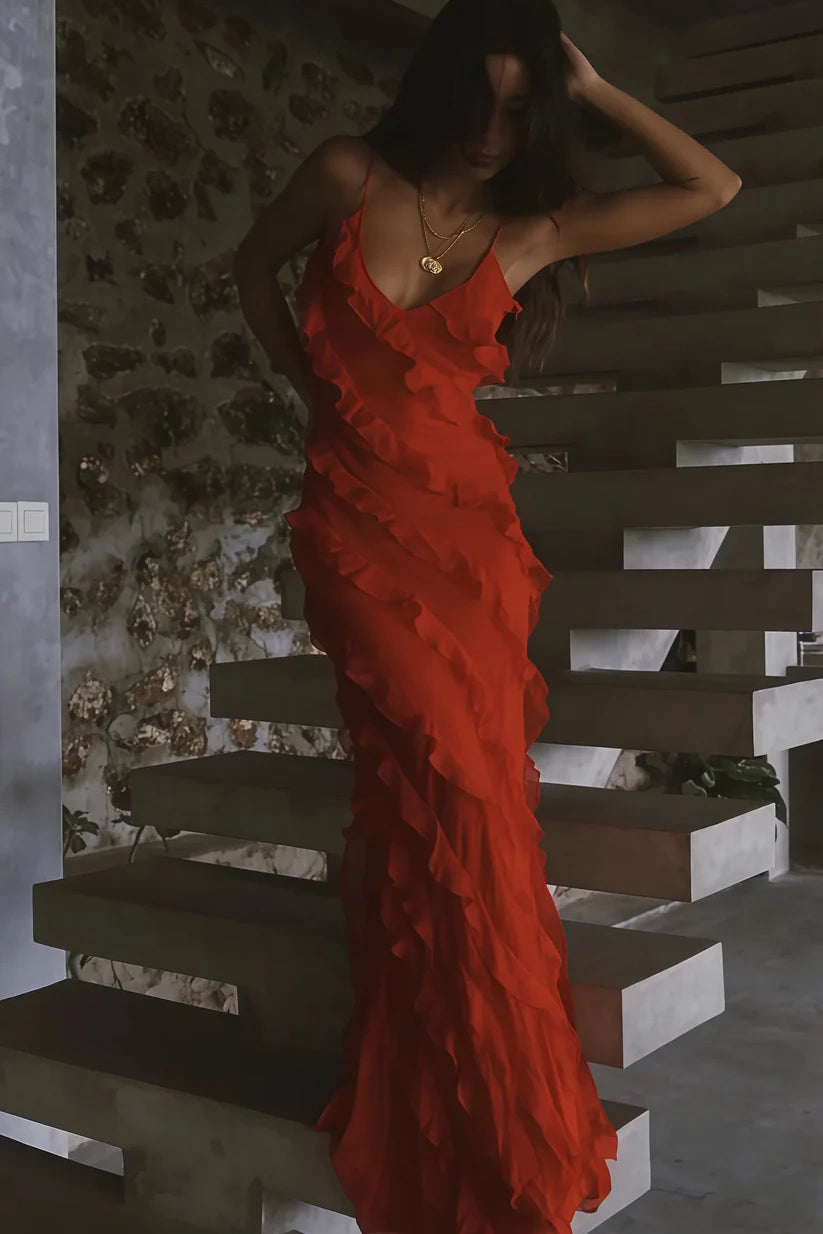 Red Spaghetti Straps Open Back Ruffled Long Party Prom Dress