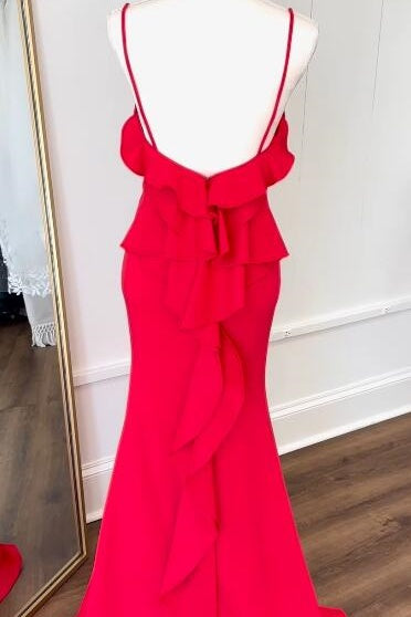 Red Sweetheart Sleeveless Mermaid Ruffled Party Prom Dress