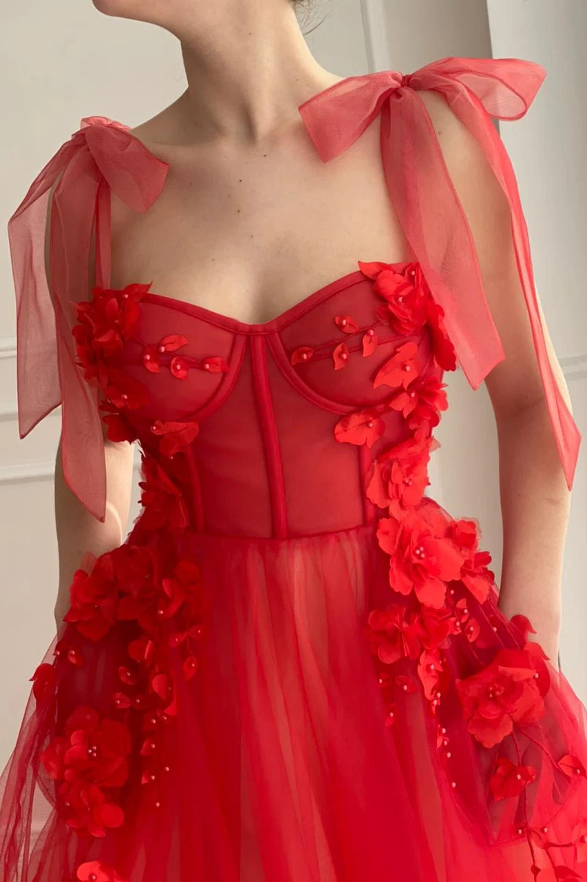 Red Sweetheart Tulle A-line Floral Formal Prom Dress