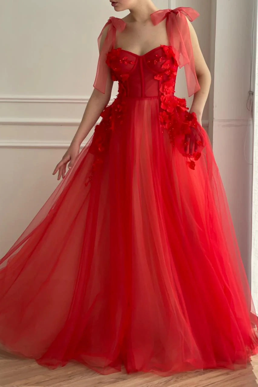Red Sweetheart Tulle A-line Floral Formal Prom Dress