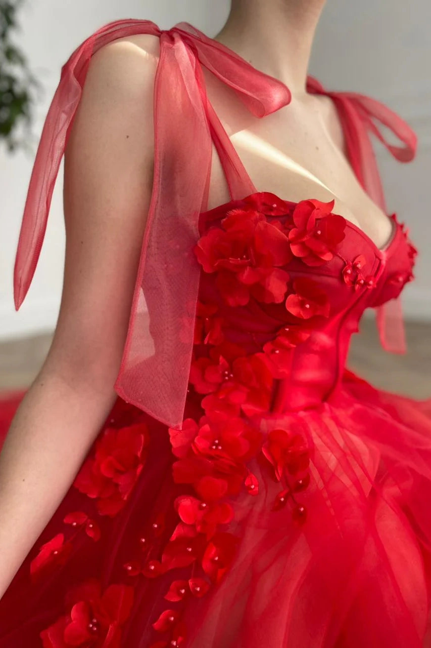 Red Sweetheart Tulle A-line Floral Formal Prom Dress