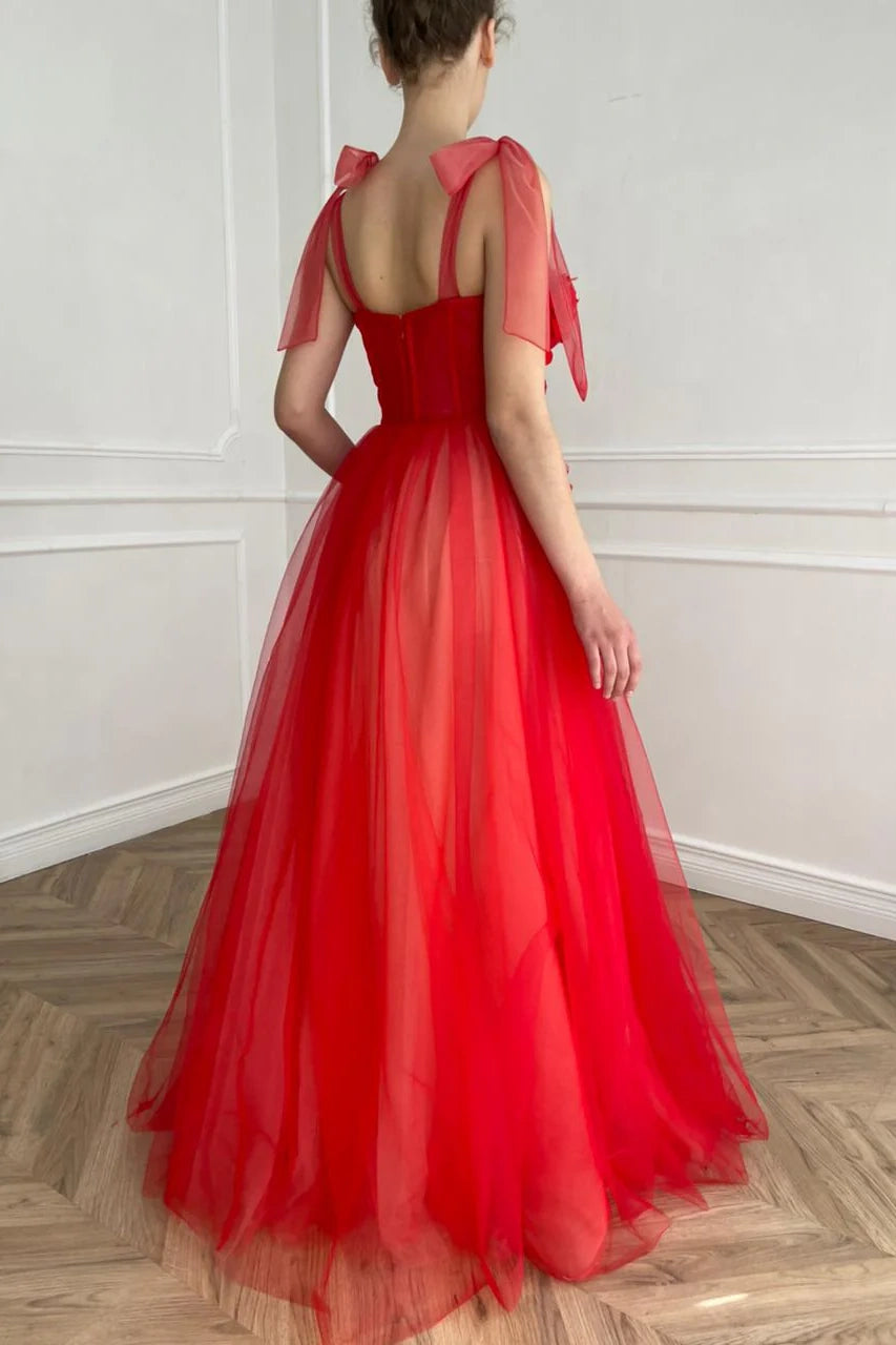 Red Sweetheart Tulle A-line Floral Formal Prom Dress