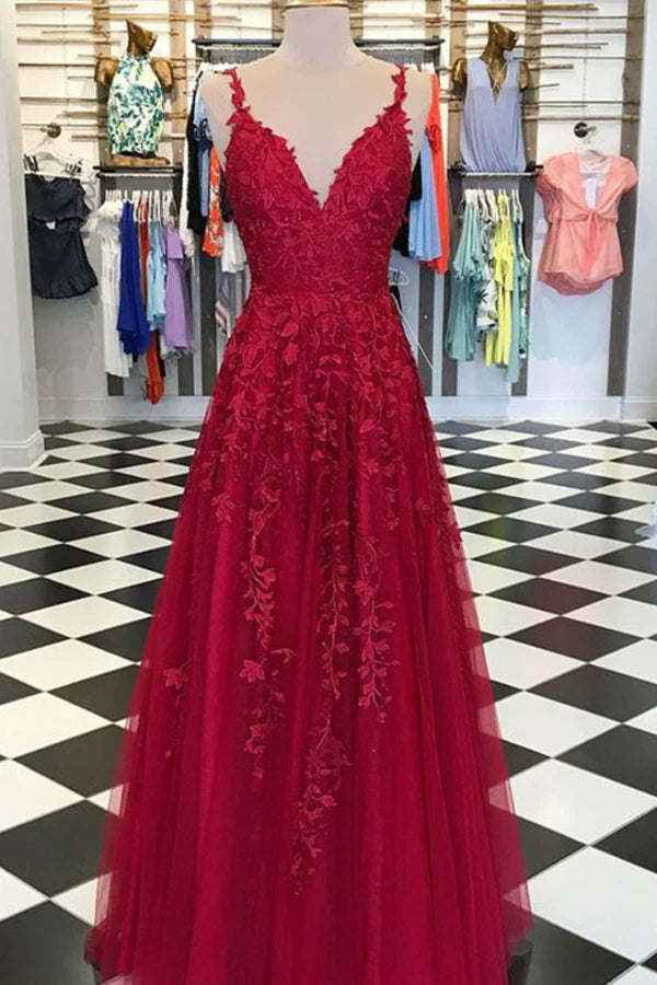 Red V-Neck Sleeveless Tulle A-Line Appliques Party Prom Dress