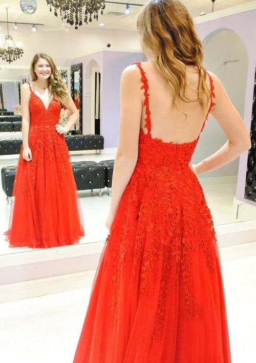 Red V-Neck Sleeveless Tulle A-Line Appliques Party Prom Dress