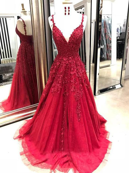Red V-Neck Sleeveless Tulle A-Line Appliques Party Prom Dress