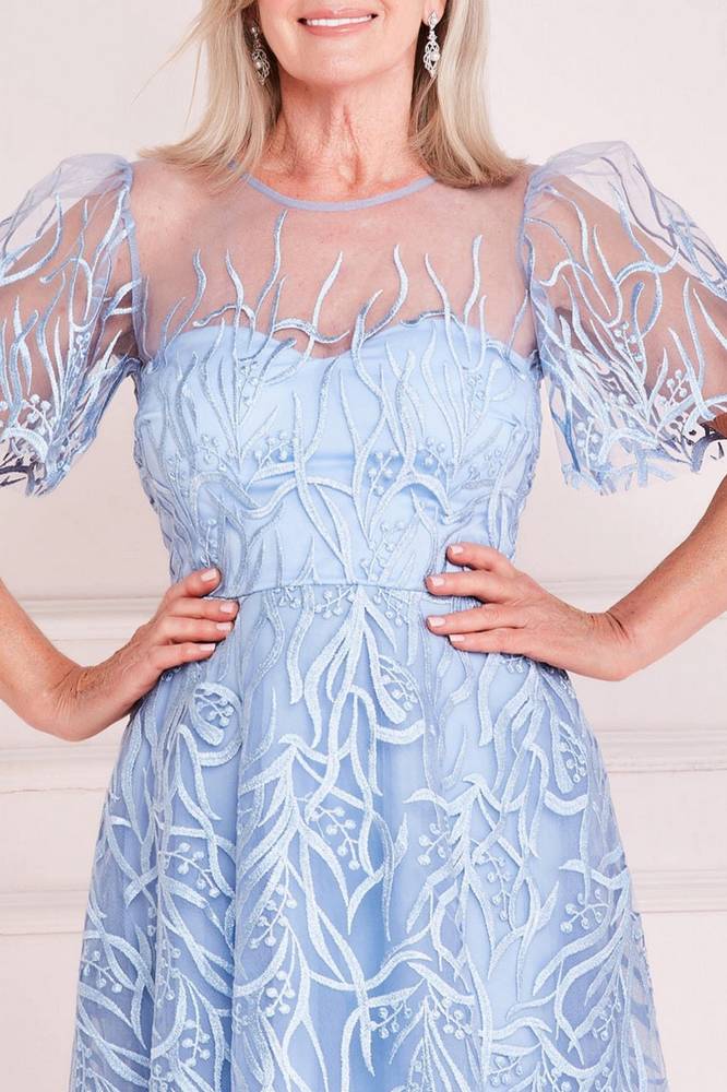 Round Tulle A-Line Short Sleeves Appliques Mother Of Brides Dress