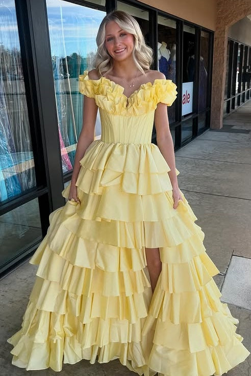 Ruffled Off-Shoulder Satin A-Line Tiered Party Prom Dress With Train
