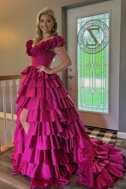 Ruffled Off-Shoulder Satin A-Line Tiered Party Prom Dress With Train