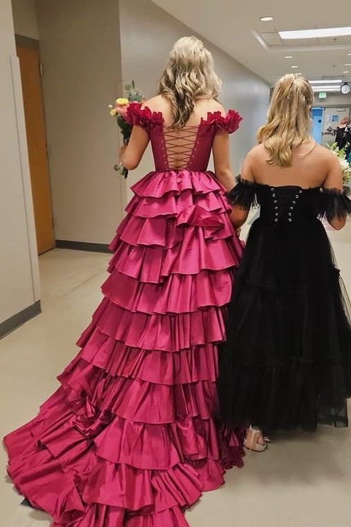 Ruffled Off-Shoulder Satin A-Line Tiered Party Prom Dress With Train