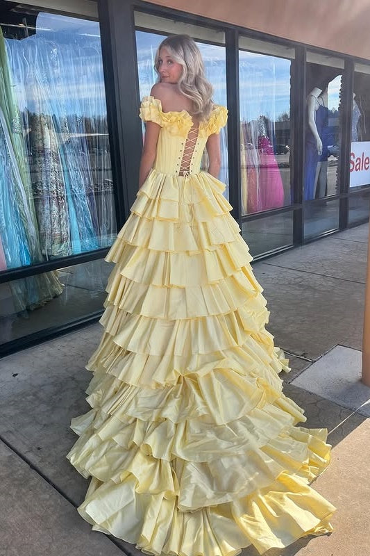Ruffled Off-Shoulder Satin A-Line Tiered Party Prom Dress With Train