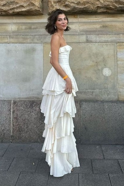 Ruffled Strapless A-Line Tiered Long Party Prom Dress With Slit