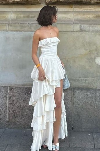 Ruffled Strapless A-Line Tiered Long Party Prom Dress With Slit