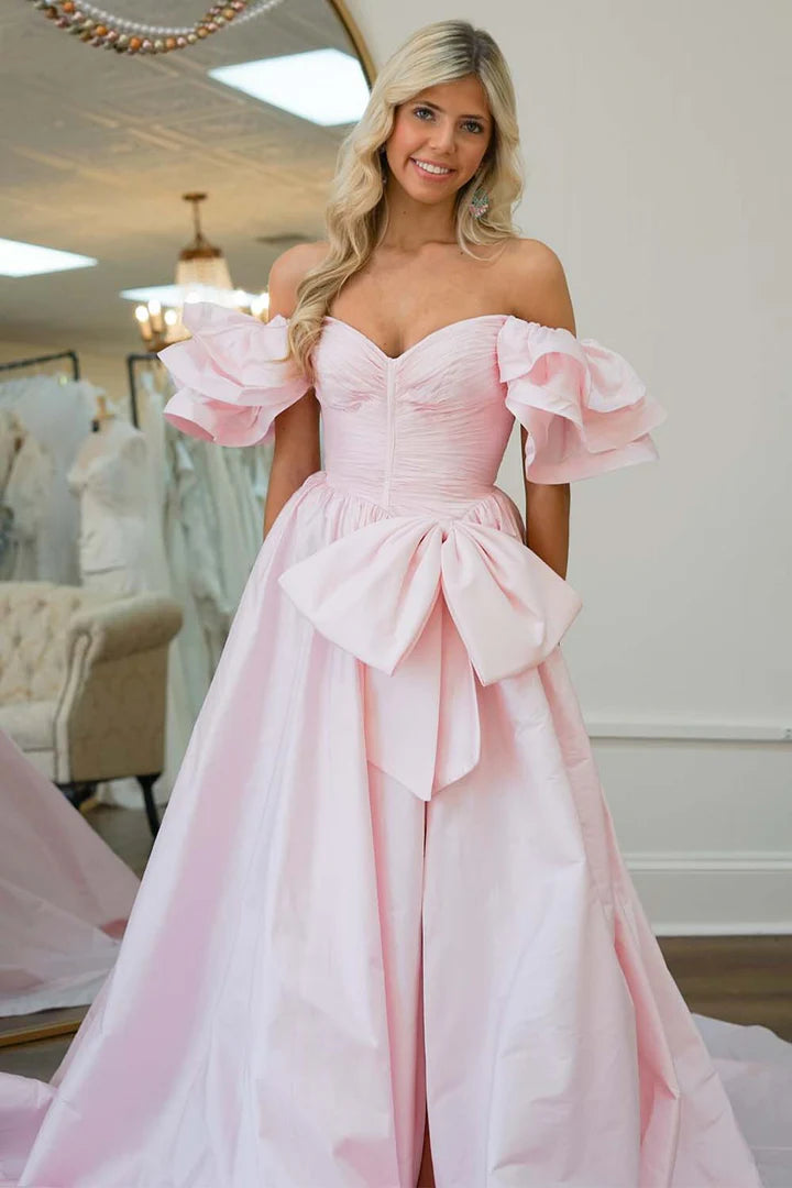 Satin A-Line Empire Ruffled Straps Party Prom Dress With Slit
