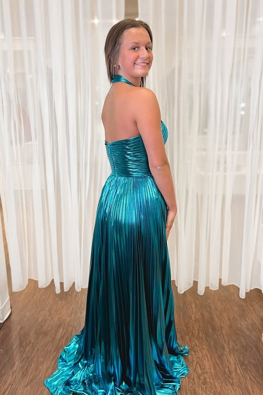 Satin A-Line Halter Empire Pleated Party Prom Dress With Slit