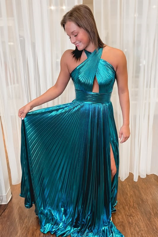 Satin A-Line Halter Empire Pleated Party Prom Dress With Slit