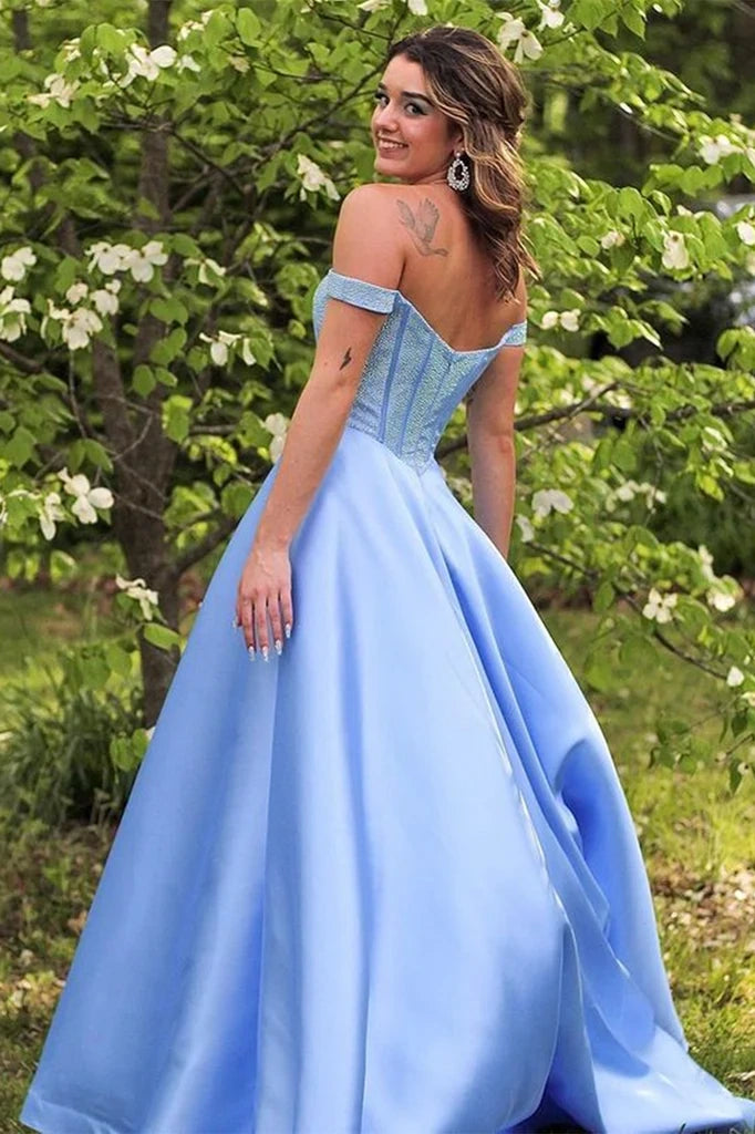Satin A-Line Off-Shoulder Beaded Formal Party Prom Dress