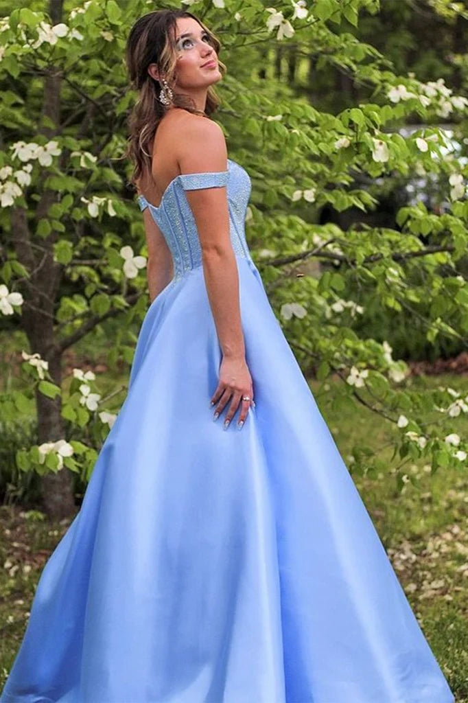Satin A-Line Off-Shoulder Beaded Formal Party Prom Dress