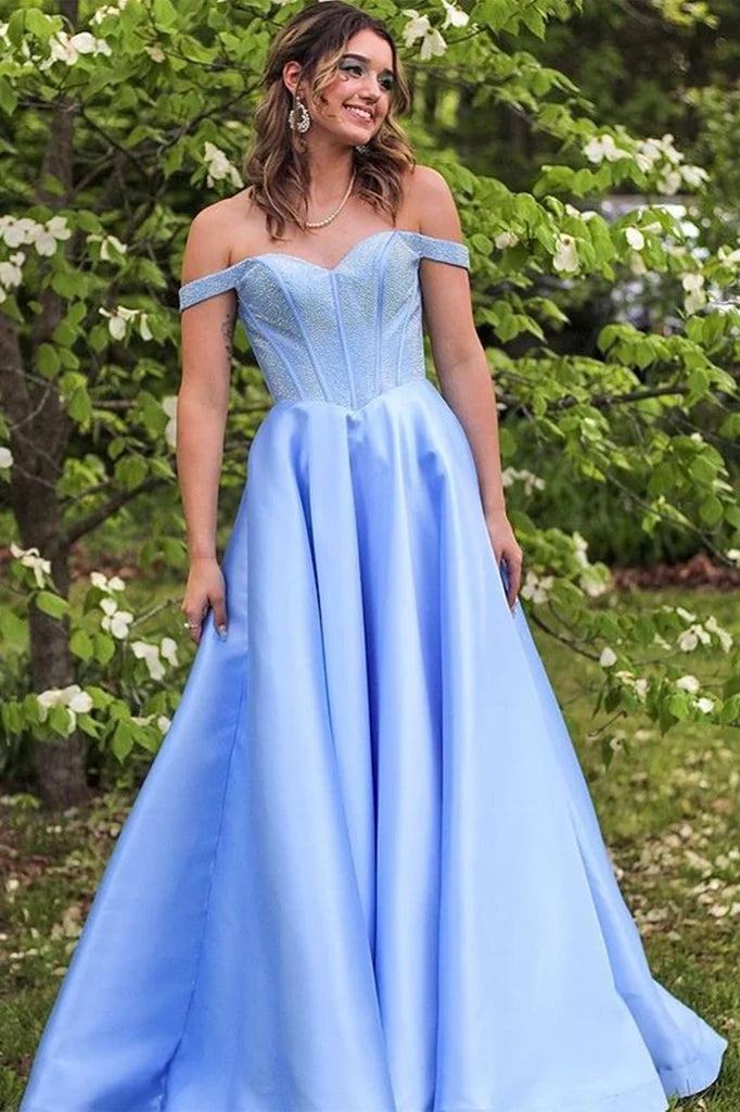 Satin A-Line Off-Shoulder Beaded Formal Party Prom Dress