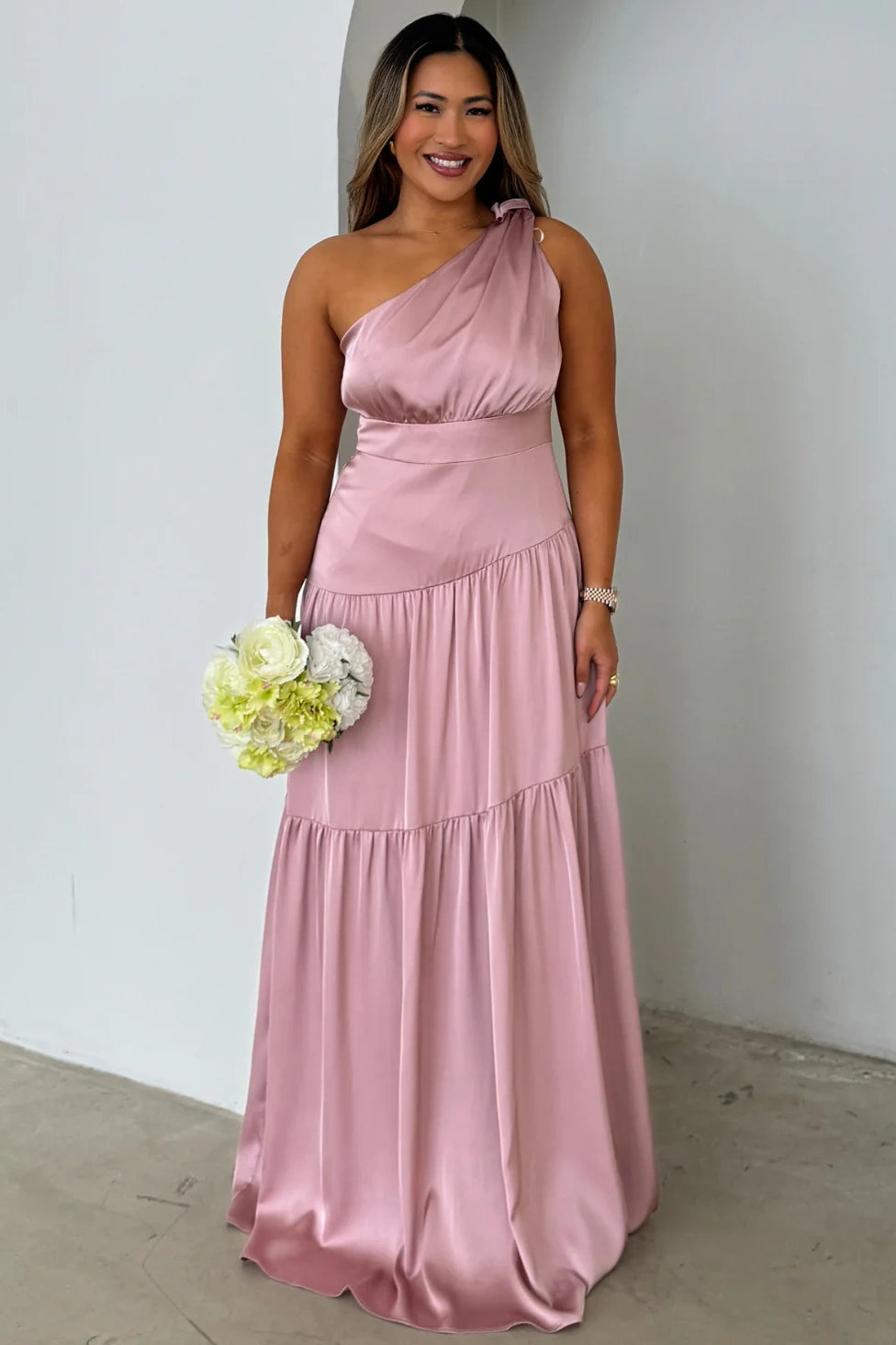 Satin A-Line One Shoulder Sleeveless Long Bridesmaid Dress