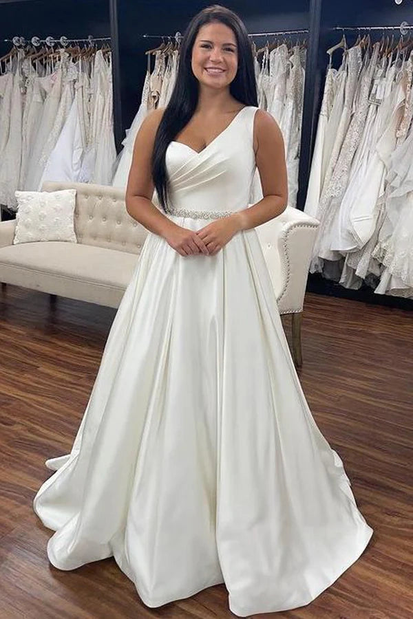 Satin A-Line One Shoulder Sleeveless Long Summer Wedding Dress