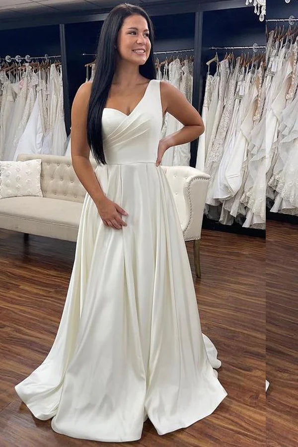 Satin A-Line One Shoulder Sleeveless Long Summer Wedding Dress