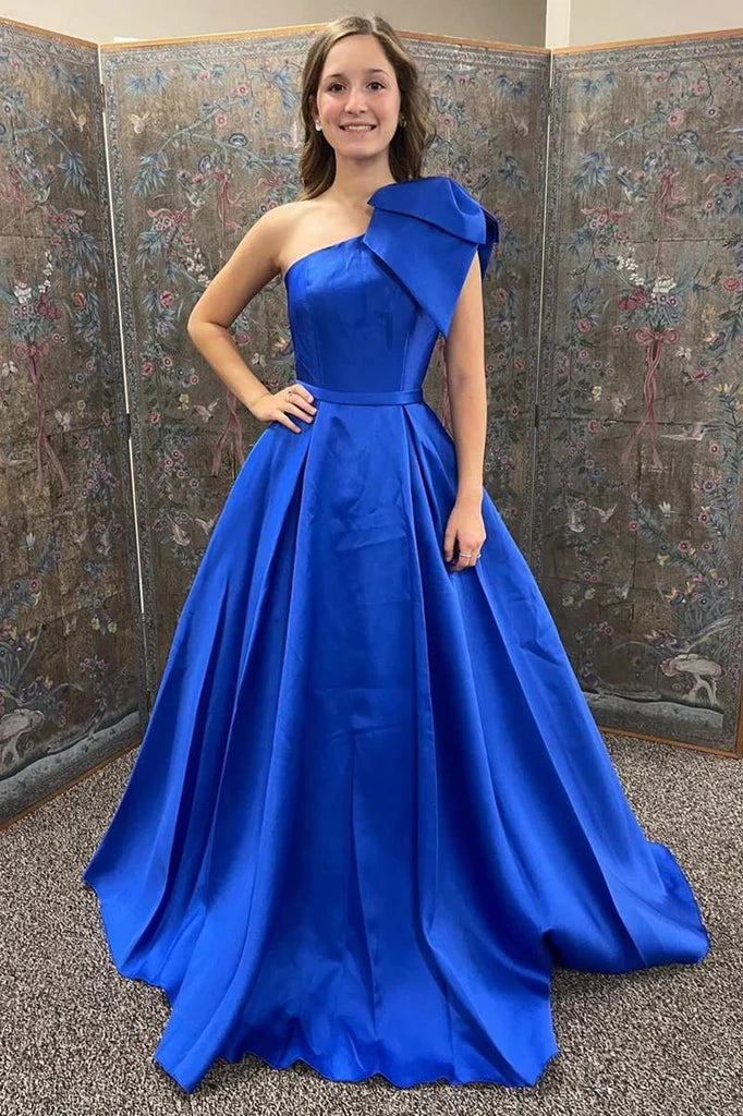 Satin A-Line One Shoulder Sleeveless Party Prom Dress