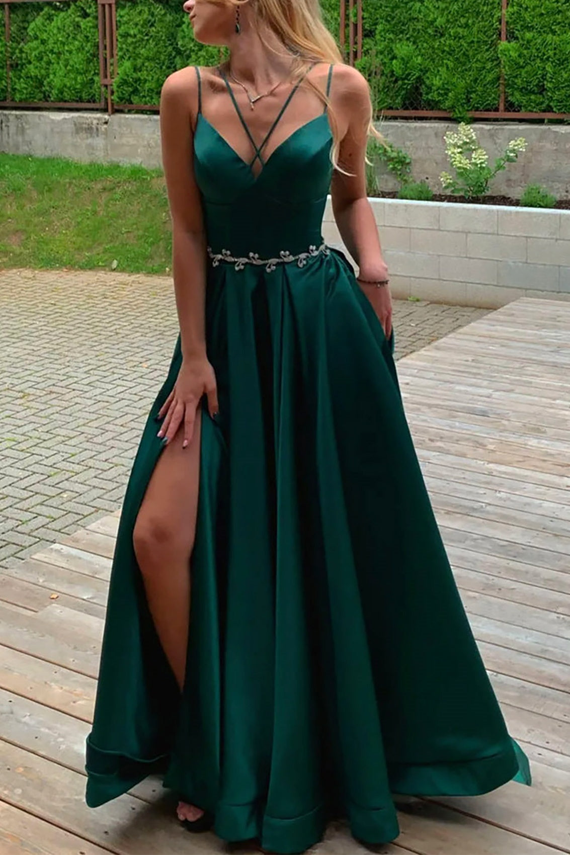 Satin A-Line Spaghetti Straps Beaded Empire Party Evening Dress Movousdress Satin A-Line Spaghetti Straps Beaded Empire Party Evening Dress Movousdress