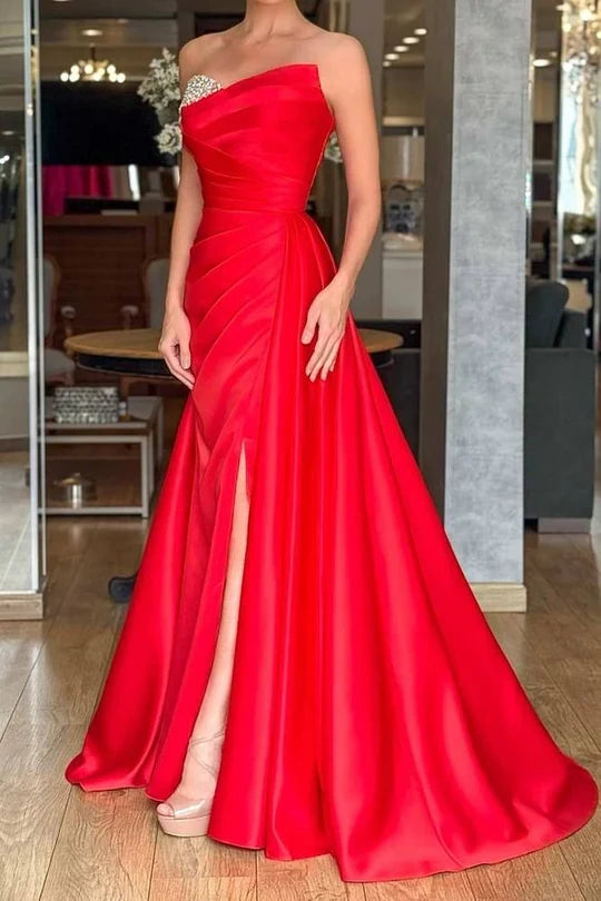 Satin A-Line Strapless Beaded Party Prom Dress With Slit