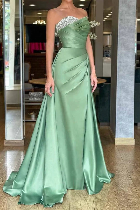 Satin A-Line Strapless Beaded Party Prom Dress With Slit