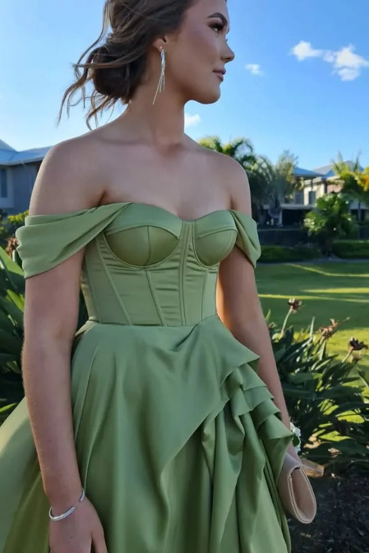 Satin A-Line Sweetheart Off-Shoulder Party Prom Dress With Slit